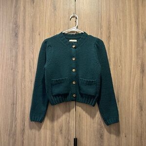 Doen Risette Dark Forest Green Virgin Wool Crew Neck Cardigan Size S